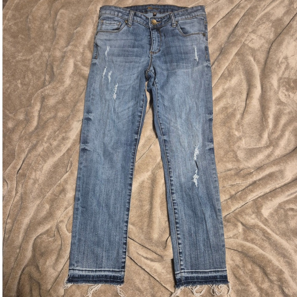 Kut from the Kloth Distressed Straight Leg Jeans Raw Hem Medium Wash Size 4